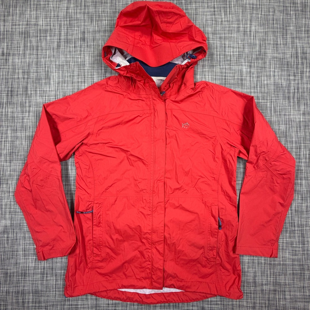 Southern Tide Womens Medium Hooded Rain Jacket Coral Red Pink Nylon Full Zip